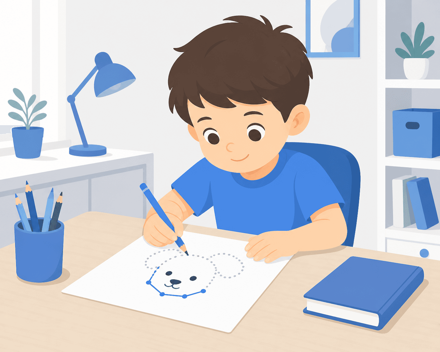 Close-up of child holding pencil connecting dots on worksheet, practicing fine motor skills