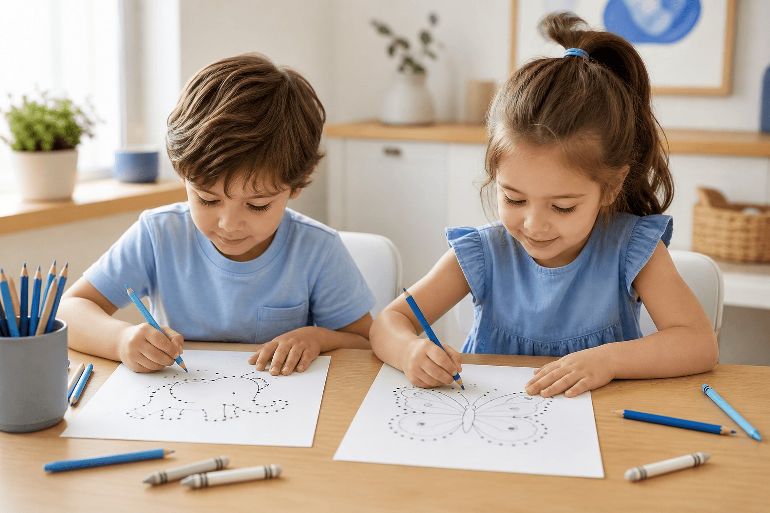 Two children doing connect the dots puzzles together at a table with crayons
