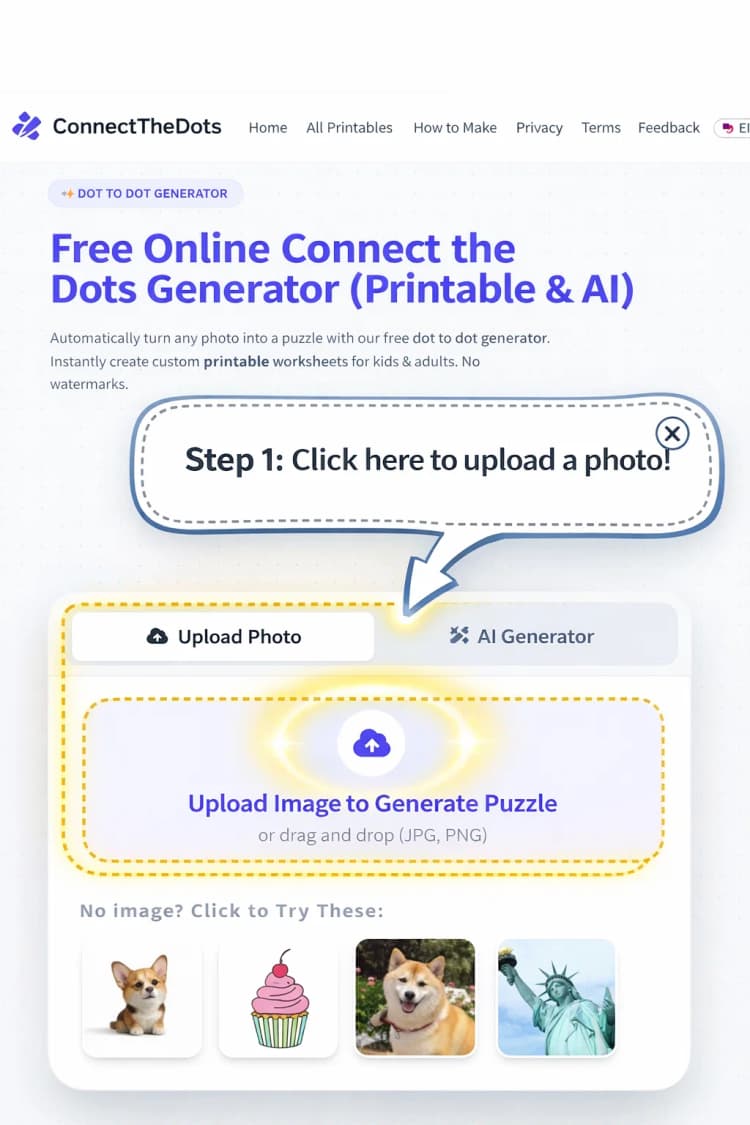 Uploading a photo to the free online connect the dots generator
