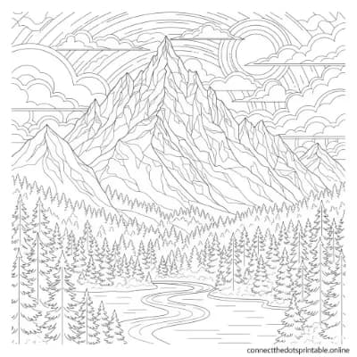Printable hard connect the dots puzzle: Mountain Landscape (Dots: 100-200).