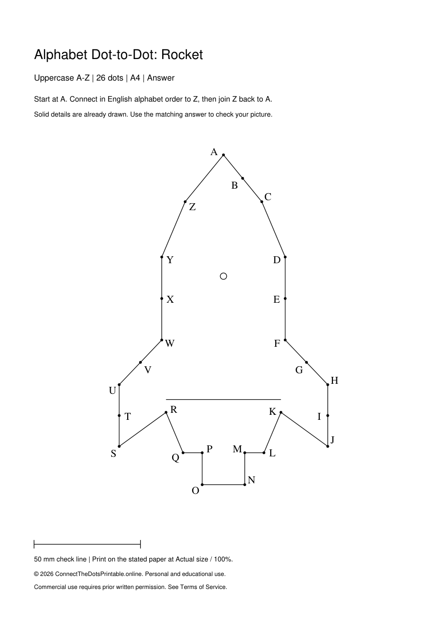 Rocket uppercase A4 answer, same 26 points with the closed path drawn