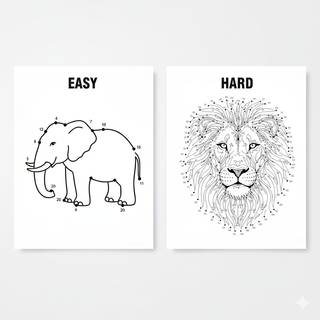 Comparison of a simple 20-dot elephant for kids and a complex 500-dot lion for adults.