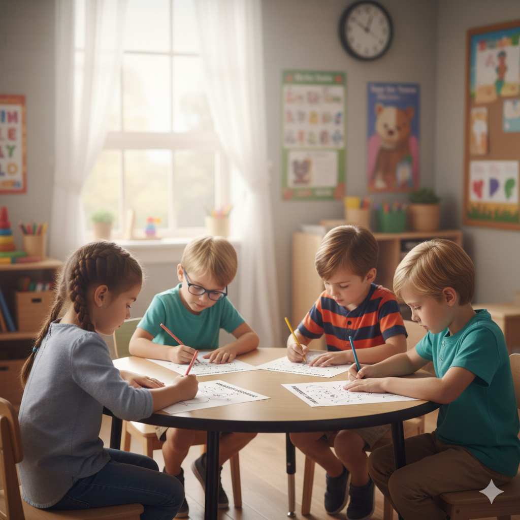 Children engaging with connect the dot worksheets in a classroom