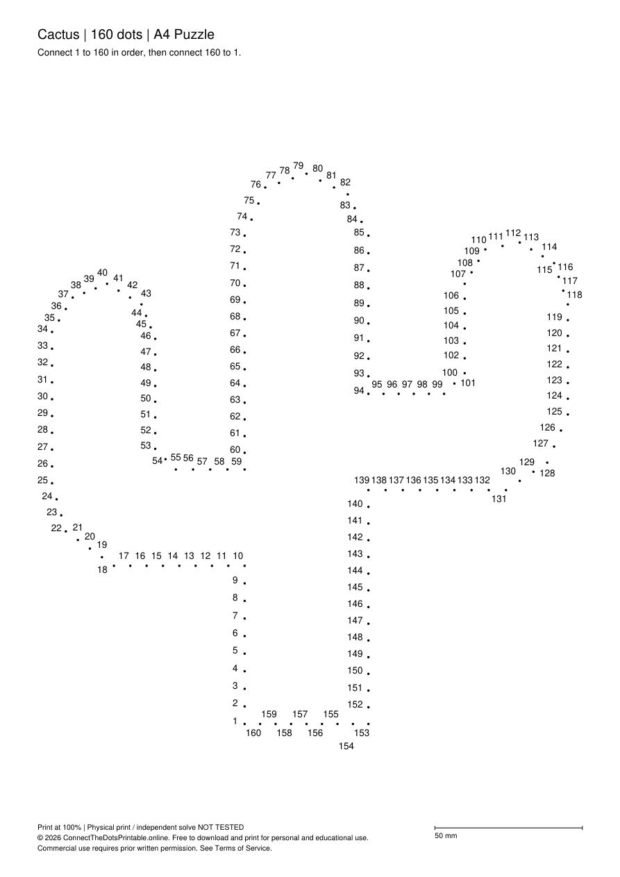Actual A4 puzzle PDF preview: Cactus, numbers 1–160, outline only