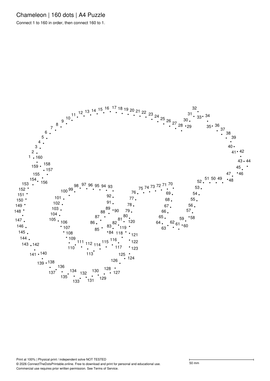 Actual A4 puzzle PDF preview: Chameleon, numbers 1–160, outline only