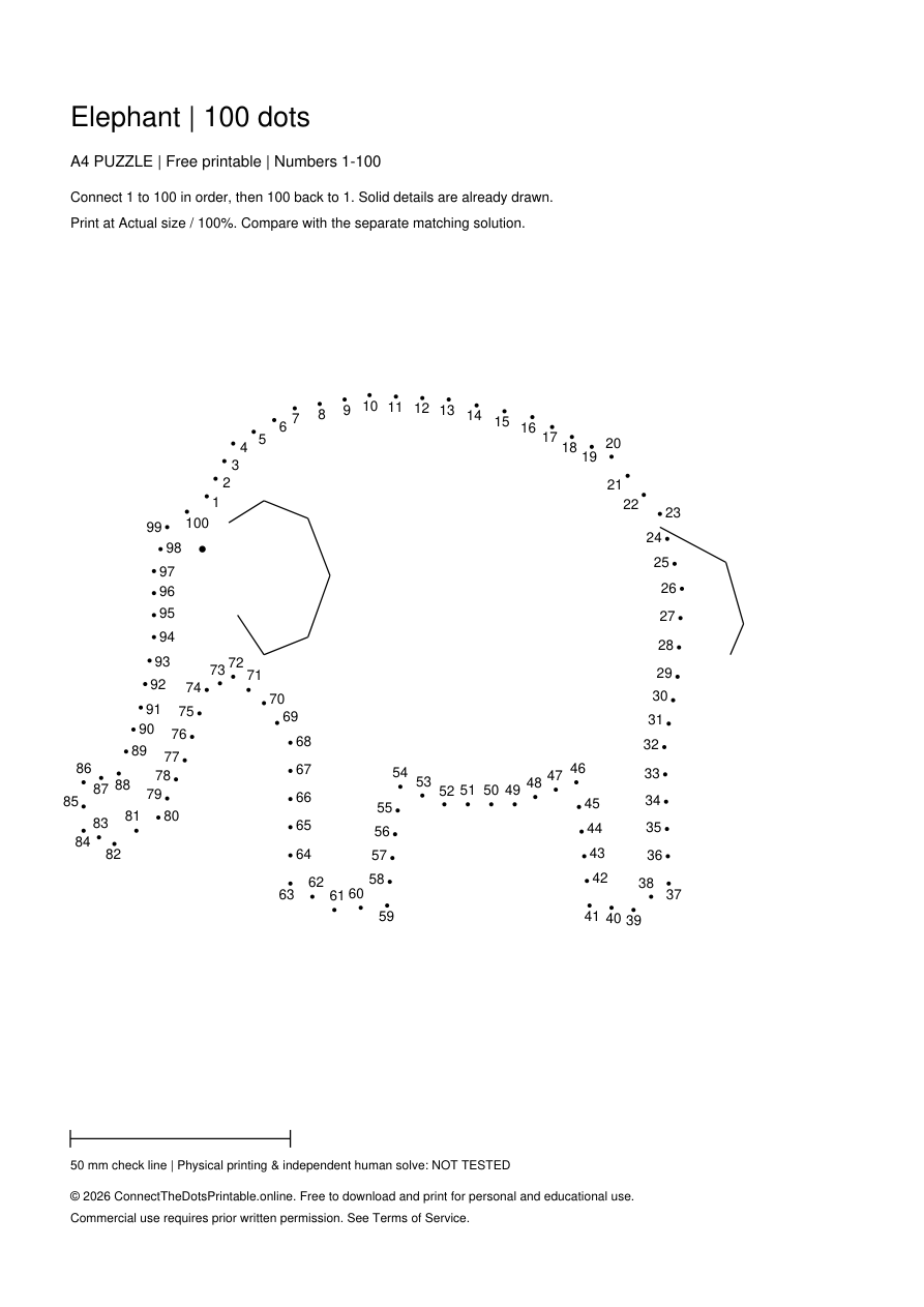 Actual A4 puzzle PDF preview: Elephant, numbers 1–100, with pre-drawn details