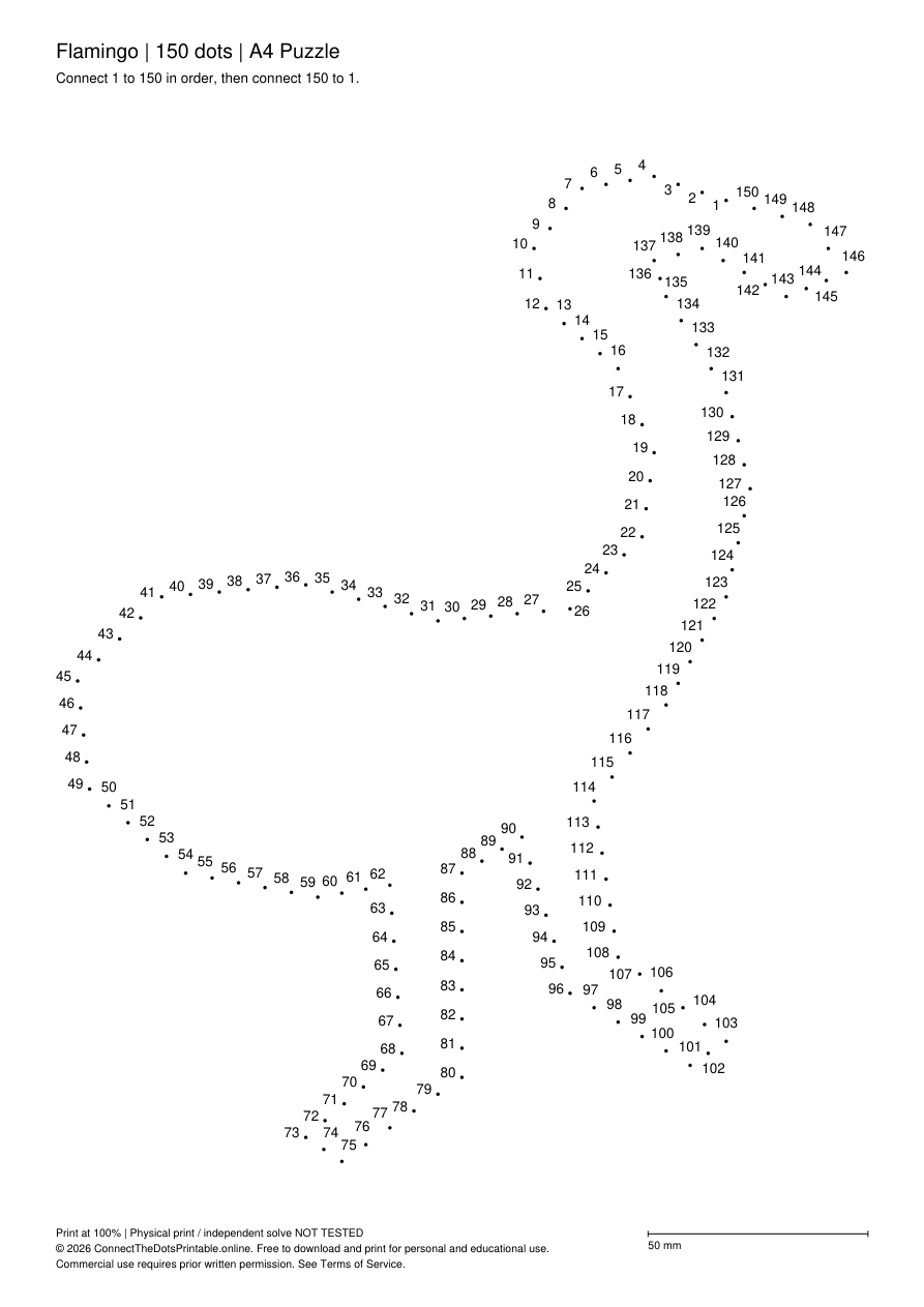 Actual A4 puzzle PDF preview: Flamingo, numbers 1–150, outline only
