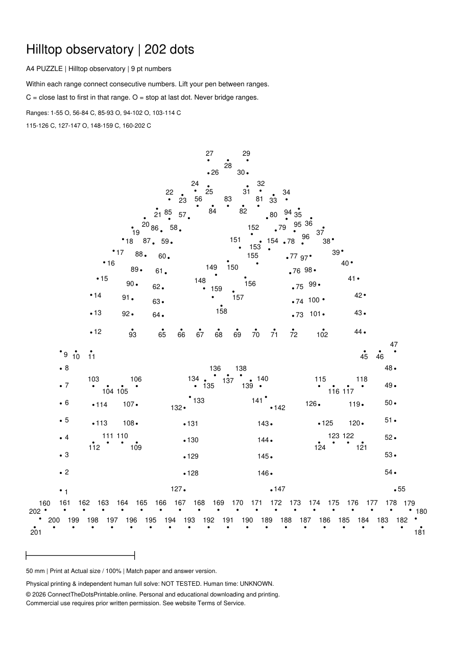 Actual A4 puzzle PDF preview: Hilltop observatory, 202 dots in 9 separate numbered segments