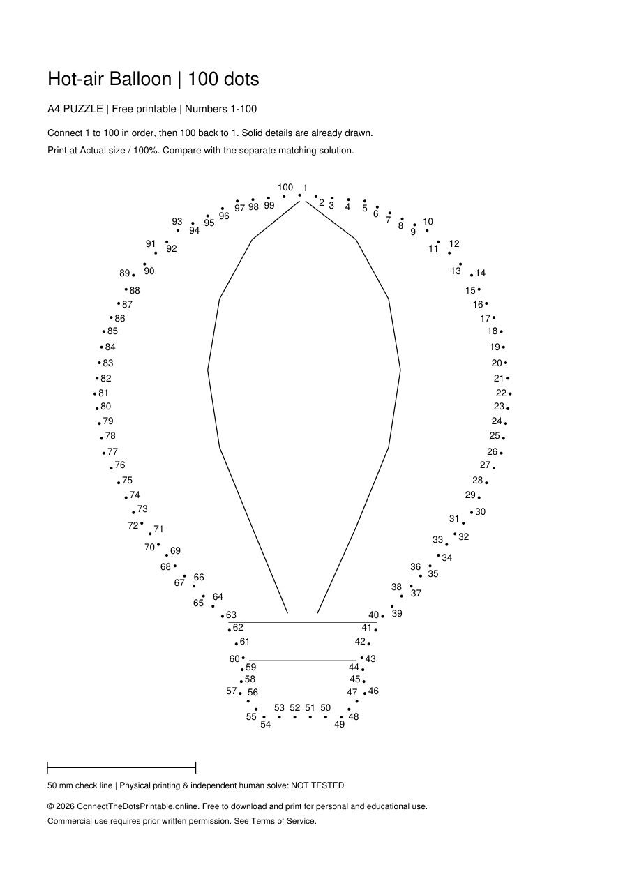 Actual A4 puzzle PDF preview: Hot-air Balloon, numbers 1–100, with pre-drawn details