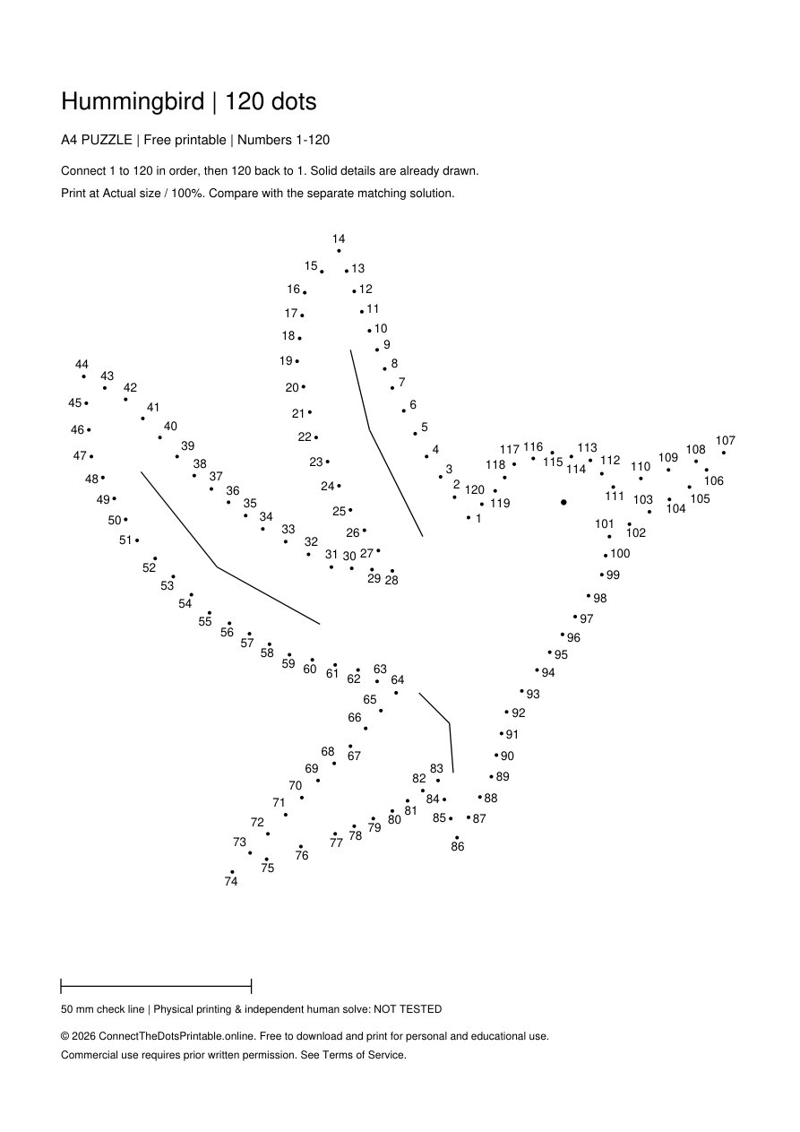 Actual A4 puzzle PDF preview: Hummingbird, numbers 1–120, with pre-drawn details