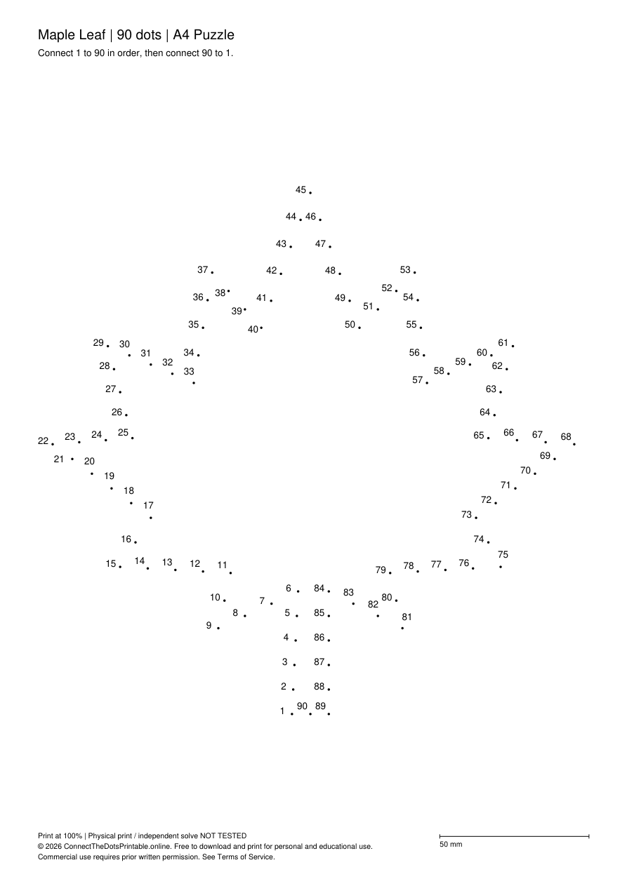 Actual A4 puzzle PDF preview: Maple Leaf, numbers 1–90, outline only