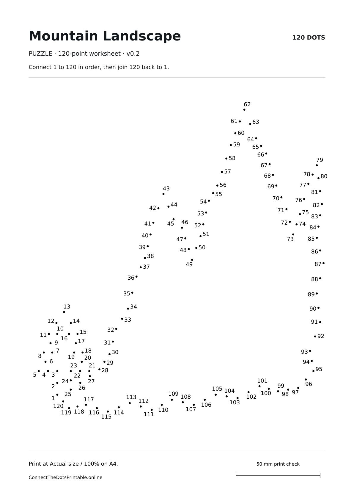 A4 Mountain Landscape puzzle with 120 numbered dots and a website credit in the footer