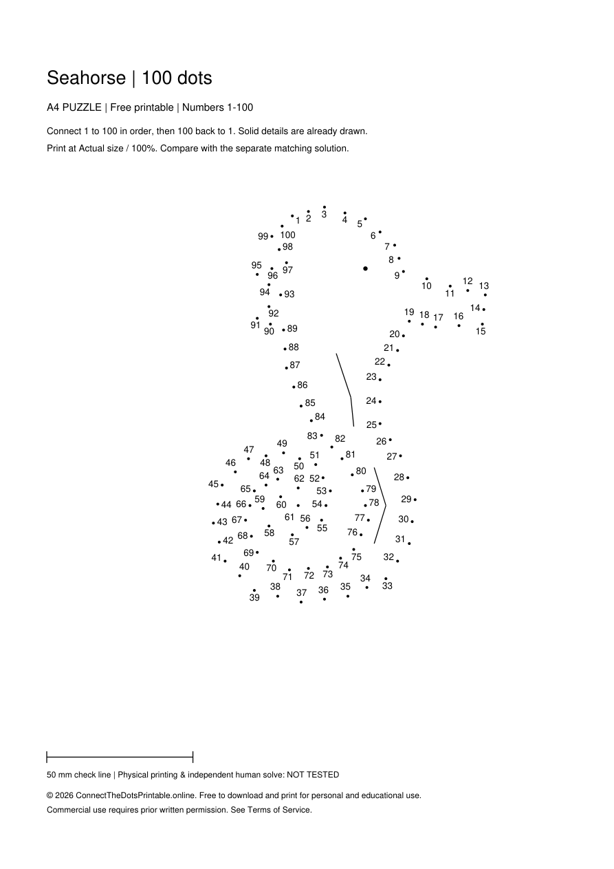 Seahorse A4 puzzle PDF preview, numbers 1–100