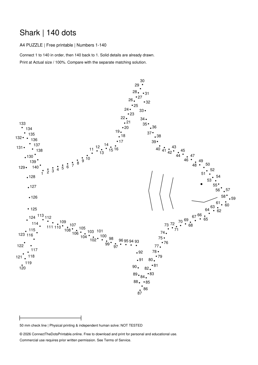 Actual A4 puzzle PDF preview: Shark, numbers 1–140, with pre-drawn details