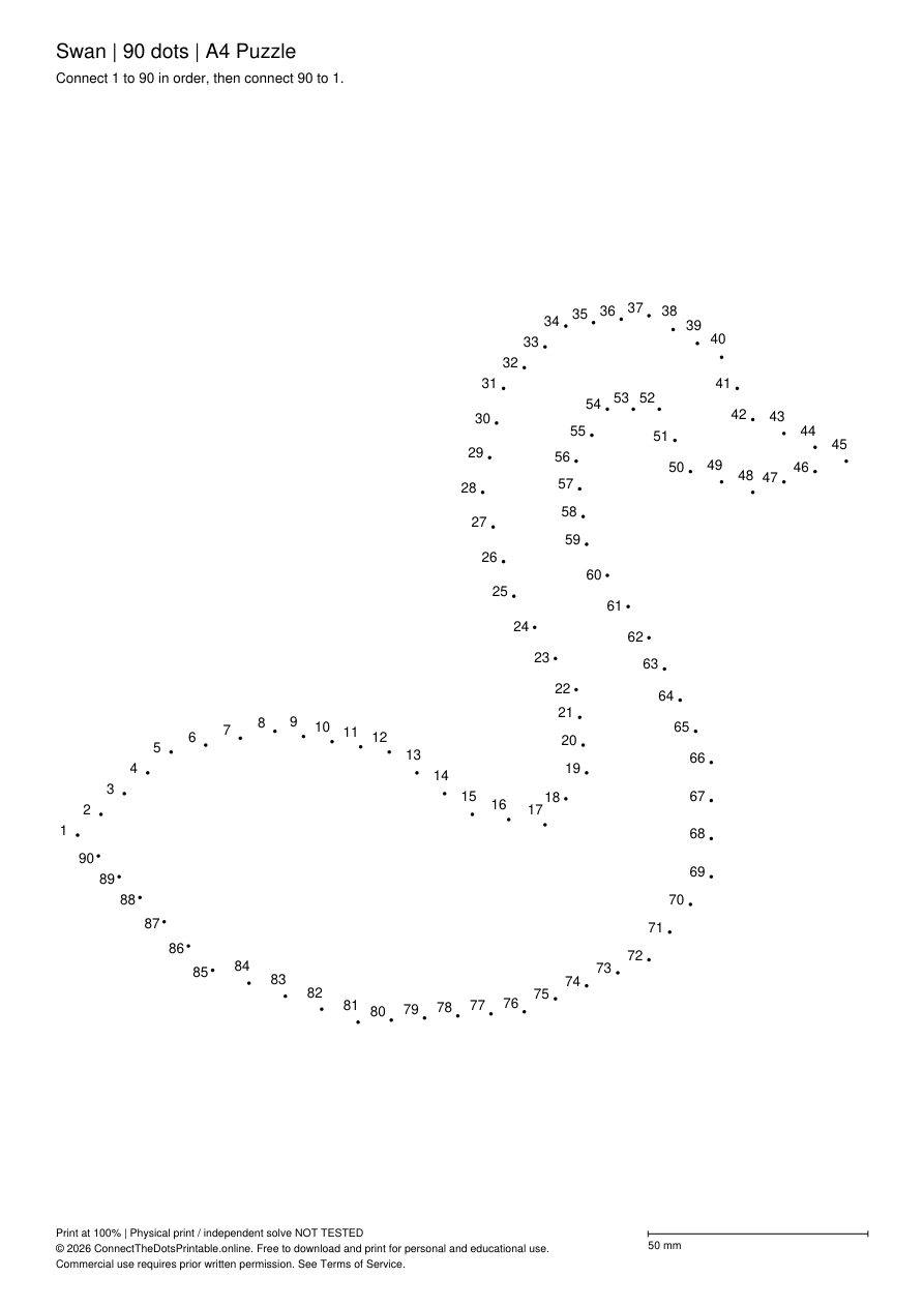 Actual A4 puzzle PDF preview: Swan, numbers 1–90, outline only
