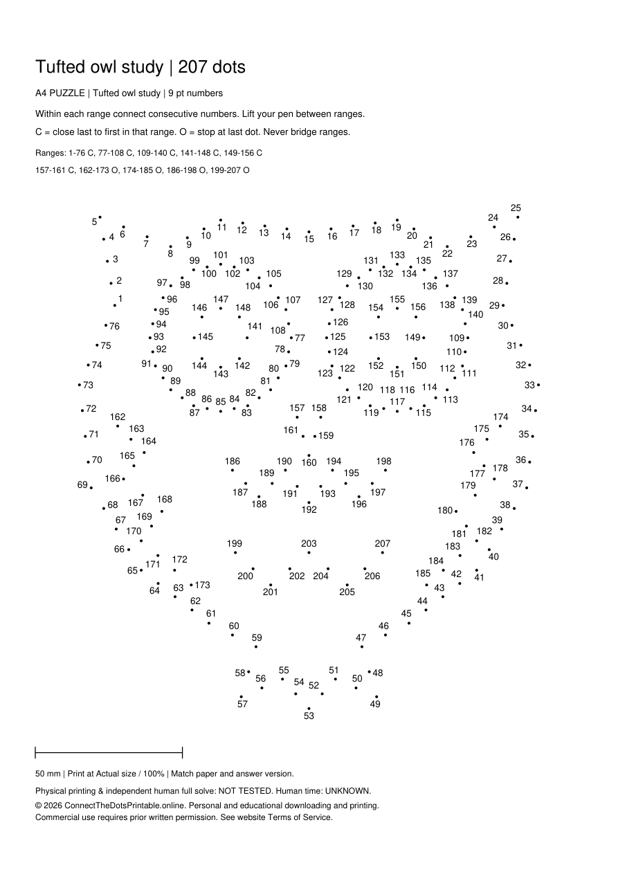 Actual A4 puzzle PDF preview: Tufted owl study, 207 dots in 10 separate numbered segments