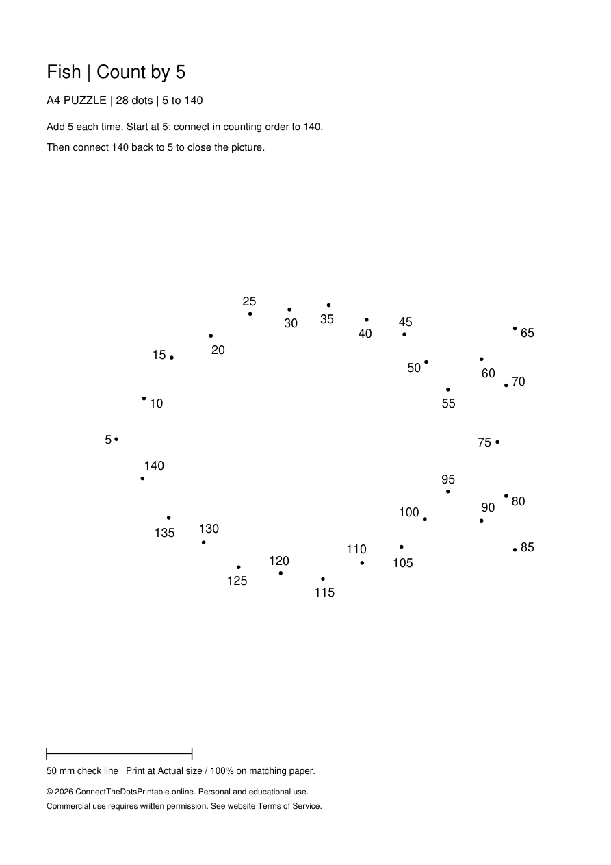 Fish: 28 dots counting by 5, 5 to 140; A4 Puzzle