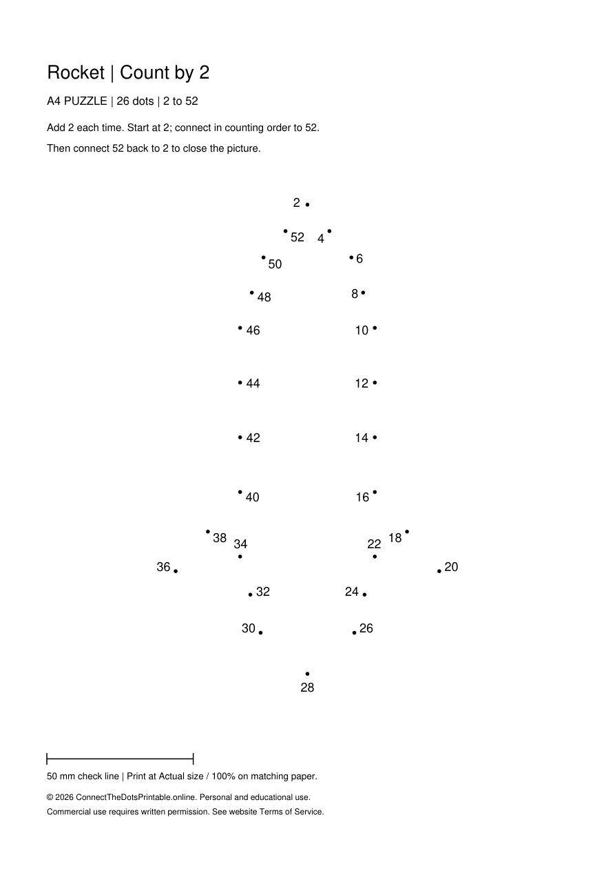 Rocket: 26 dots counting by 2, 2 to 52; A4 Puzzle