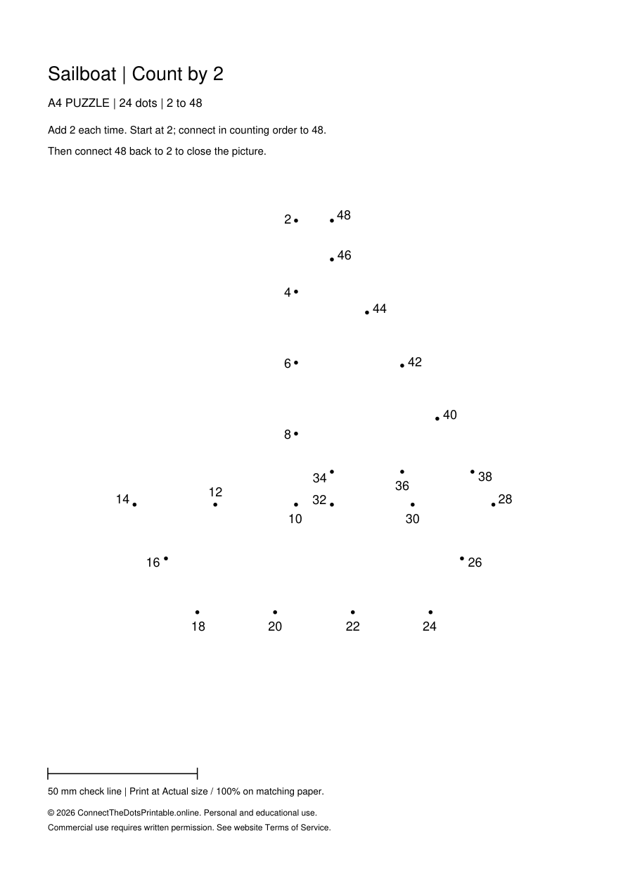 Sailboat: 24 dots counting by 2, 2 to 48; A4 Puzzle