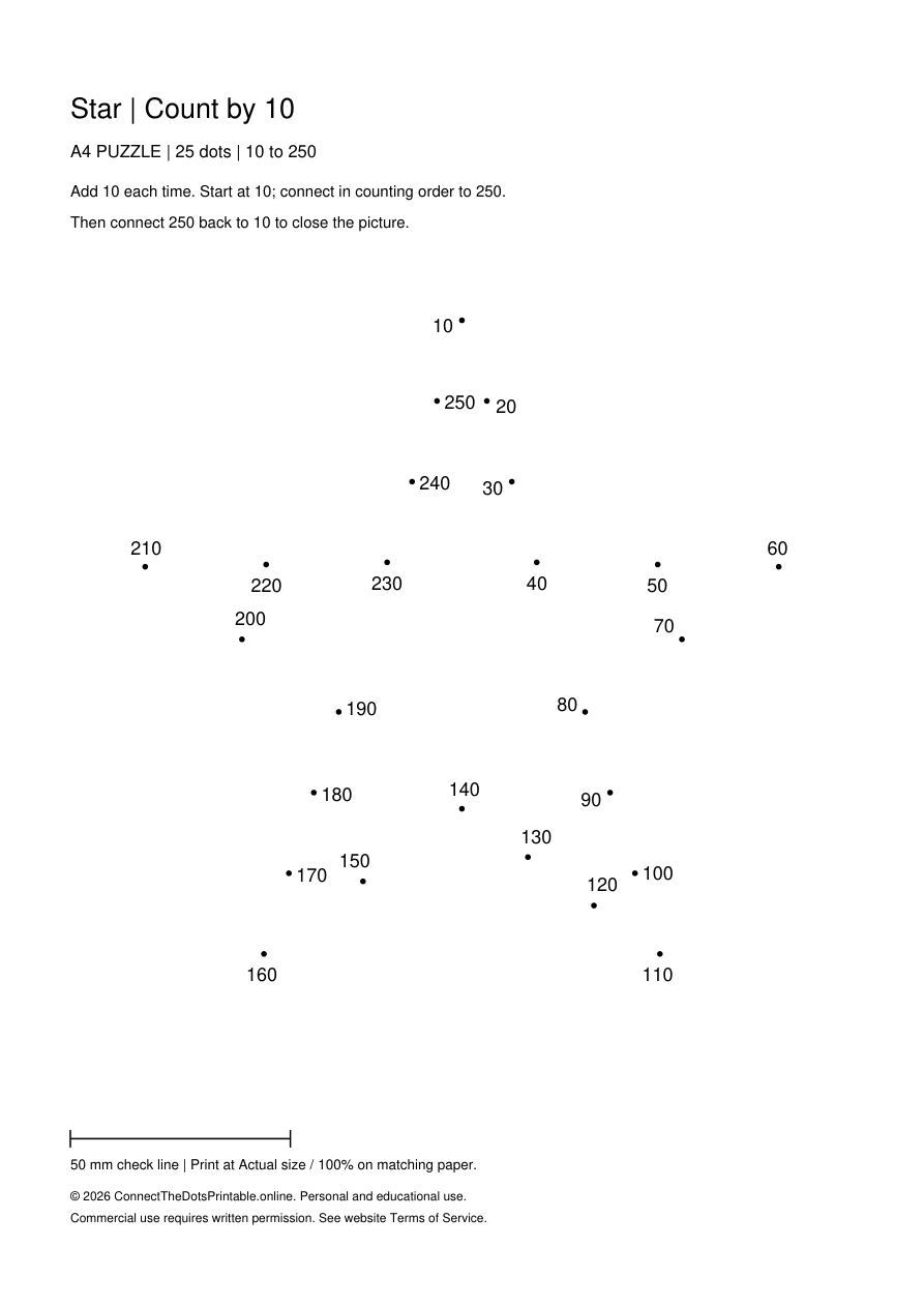 Star: 25 dots counting by 10, 10 to 250; A4 Puzzle