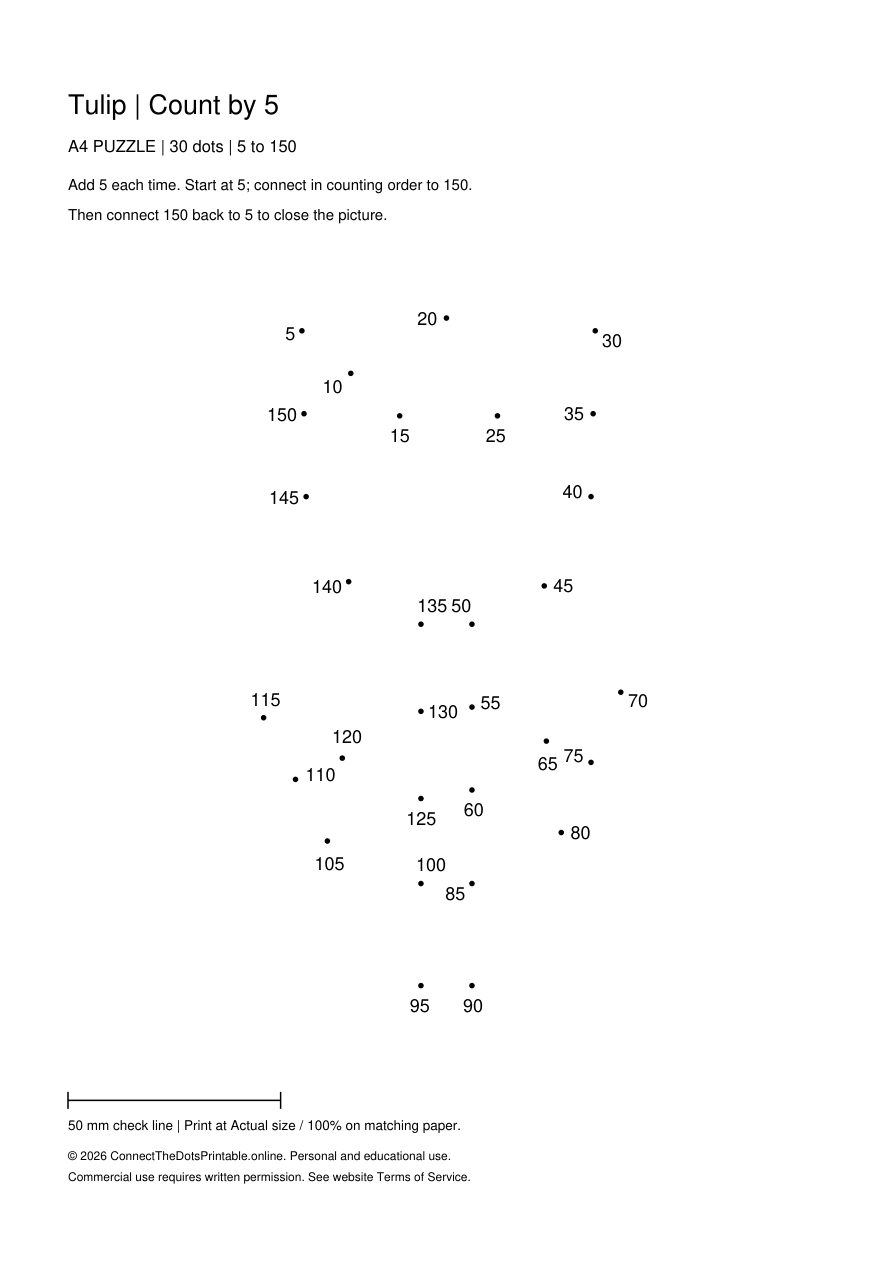 Tulip: 30 dots counting by 5, 5 to 150; A4 Puzzle